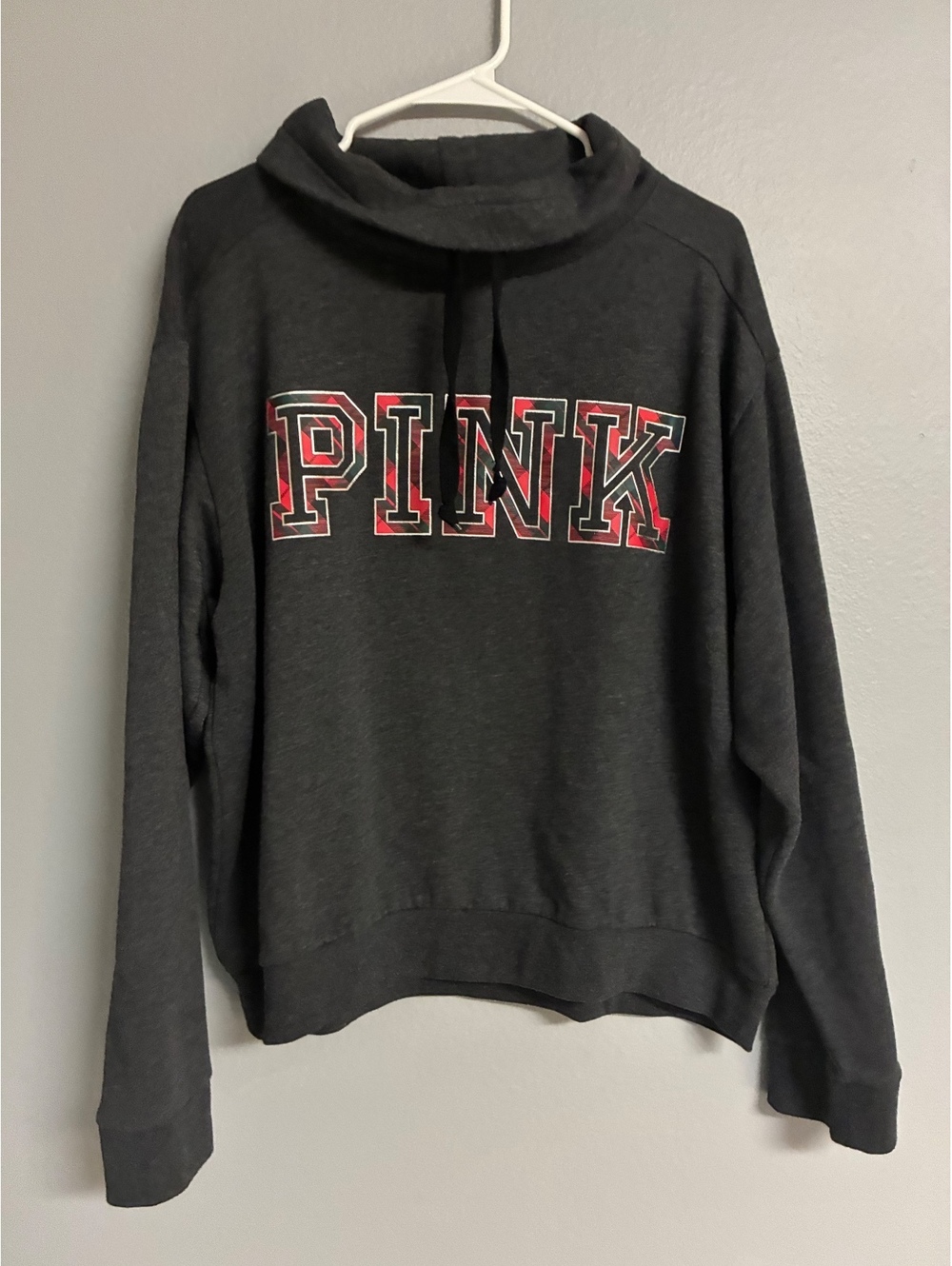 Victoria's Secret PINK Dark Gray Funnel Neck Hoodie Sweatshirt XL Buffalo Plaid